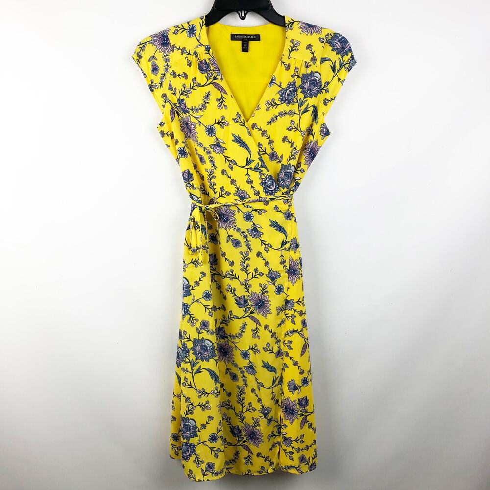 Banana Republic Womens Floral Wrap Dress 0 Petite Yellow Cap Sleeve V Neck NWOT